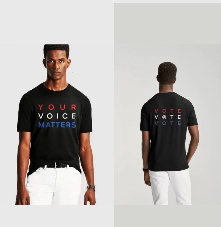 Camisas da coleção da Michael Kors que apresentam as frases 